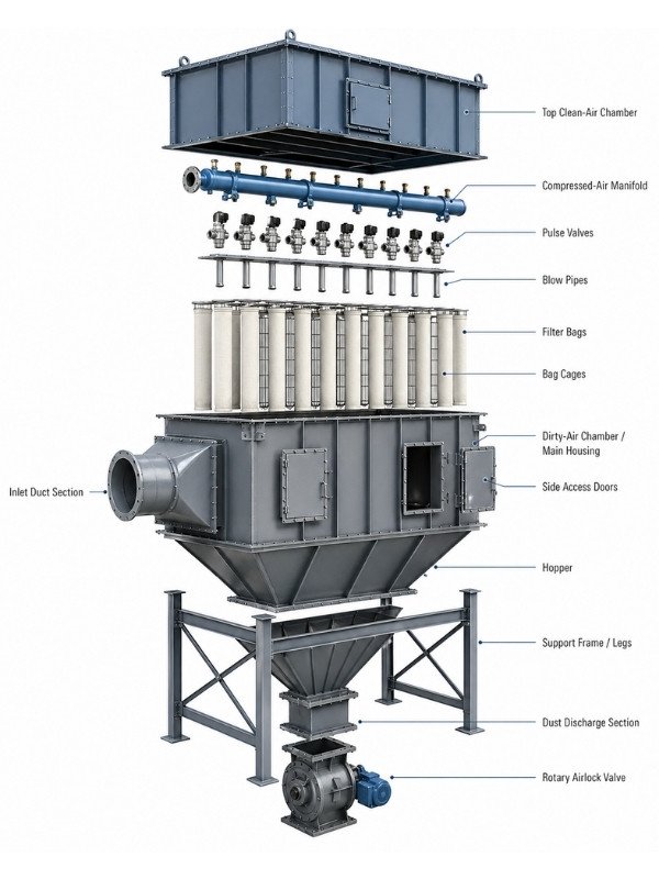Exploded view diagram of a pulse jet baghouse dust collector showing filter bags, cages, hopper, pulse valves, and rotary airlock valve