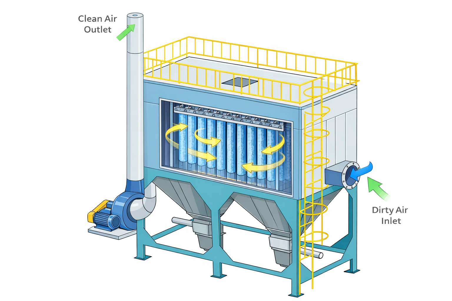 Baghouse dust collector working principle diagram showing filtration process and airflow direction