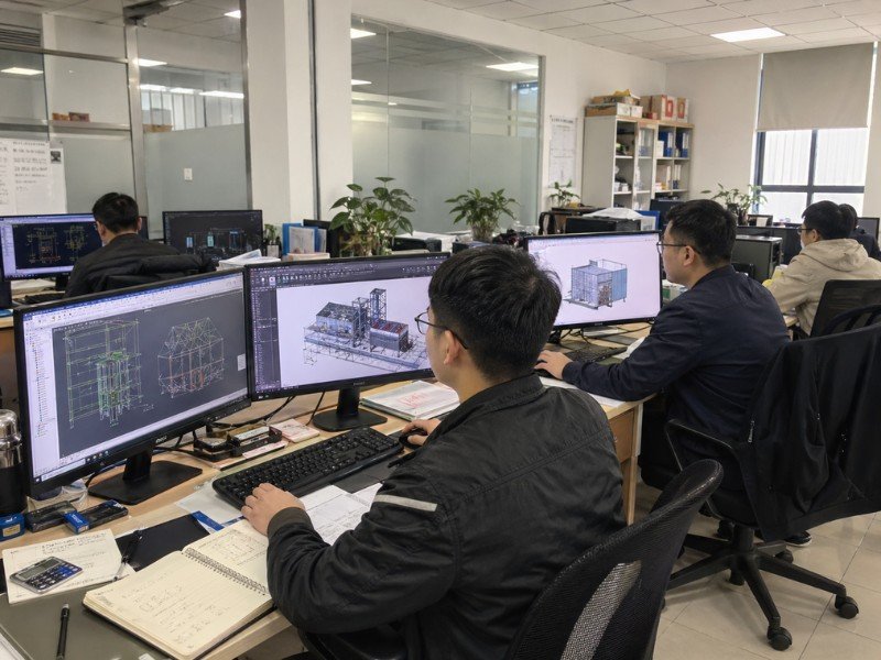 Engineers designing custom dust collection systems with CAD drawings in an engineering office