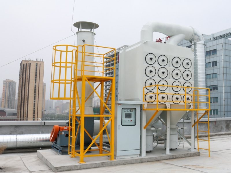 Cartridge dust collector system for industrial air filtration installed on factory rooftop