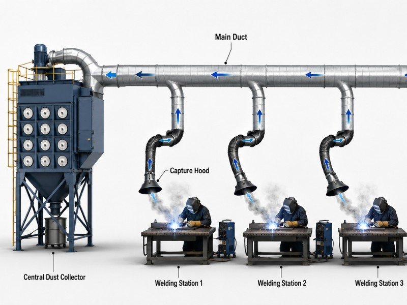 Central welding fume extraction system with main duct, branch ducts and capture hoods connected to a cartridge dust collector for multiple welding stations
