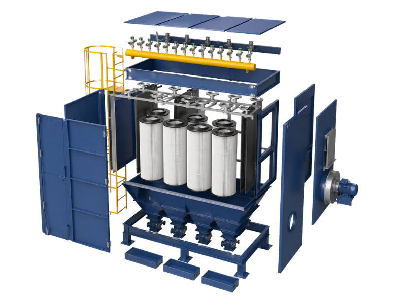 Industrial dust collector exploded view illustrating filter system, hopper, and internal components