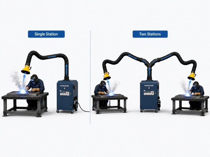 Portable welding fume extraction system for single or double welding stations