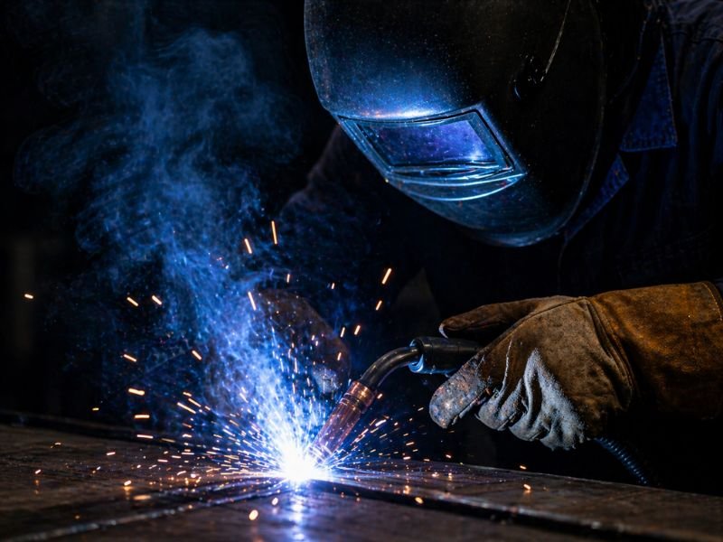 Welding fume extraction in metal fabrication workshop