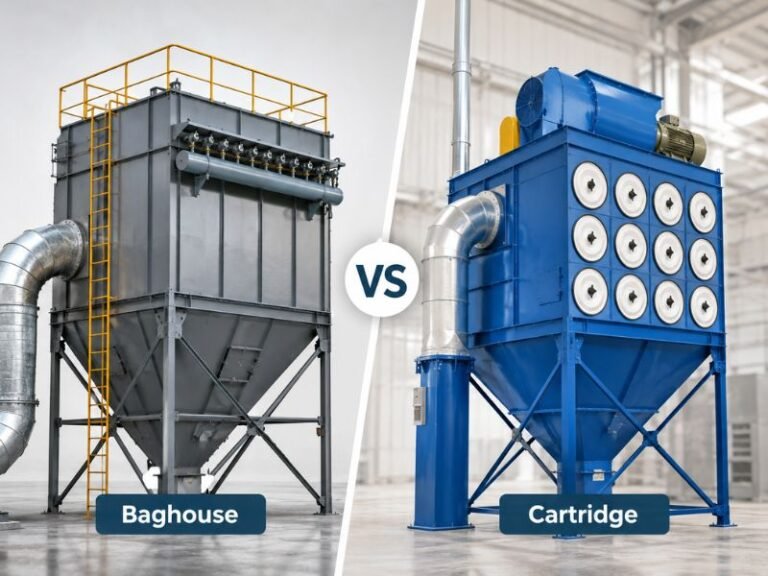 Side-by-side comparison of a baghouse dust collector and a cartridge dust collector
