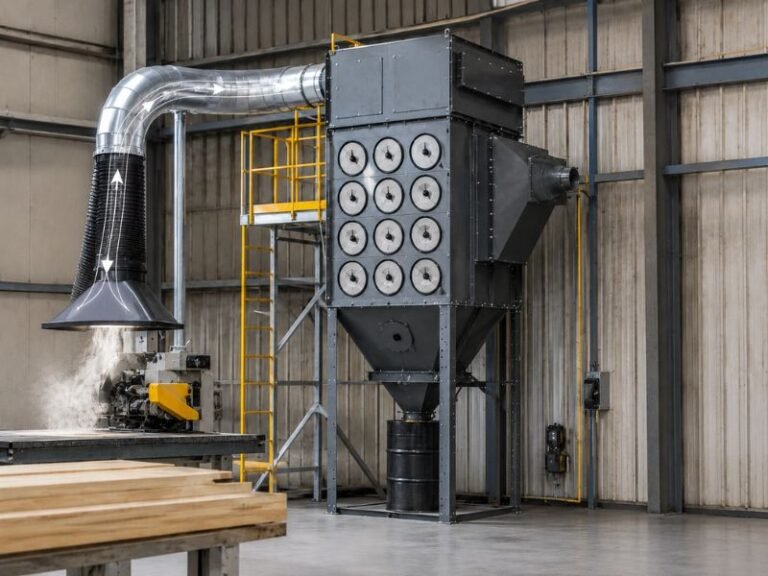Industrial dust collection system with one suction hood and ductwork showing airflow direction