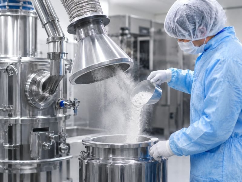 Pharmaceutical powder handling process with local dust extraction system