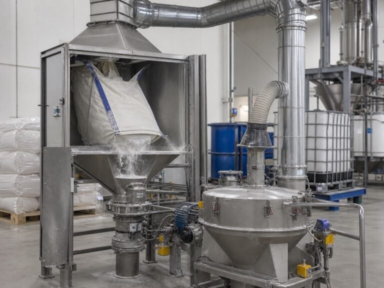 Chemical powder bag dumping station with local dust collection hood