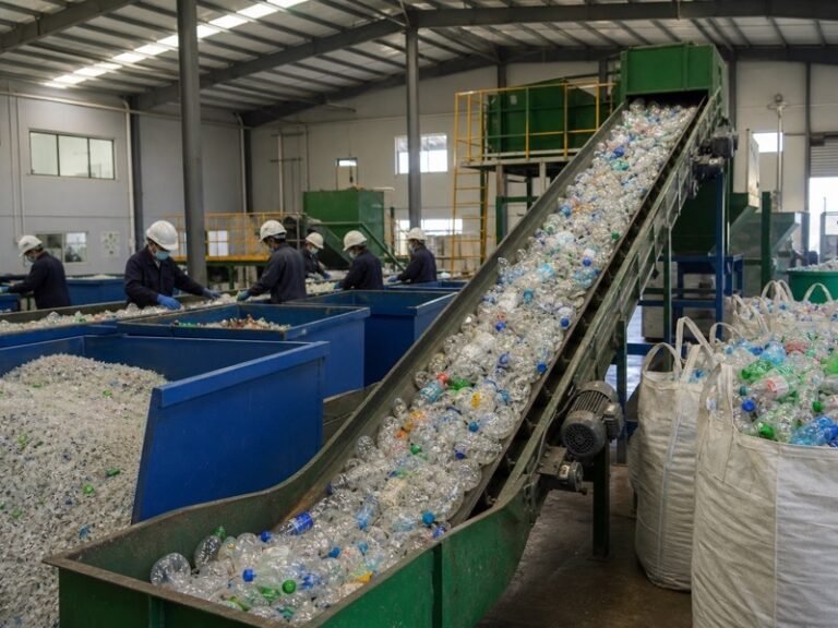 Plastic recycling sorting and conveyor line with plastic bottles and flakes