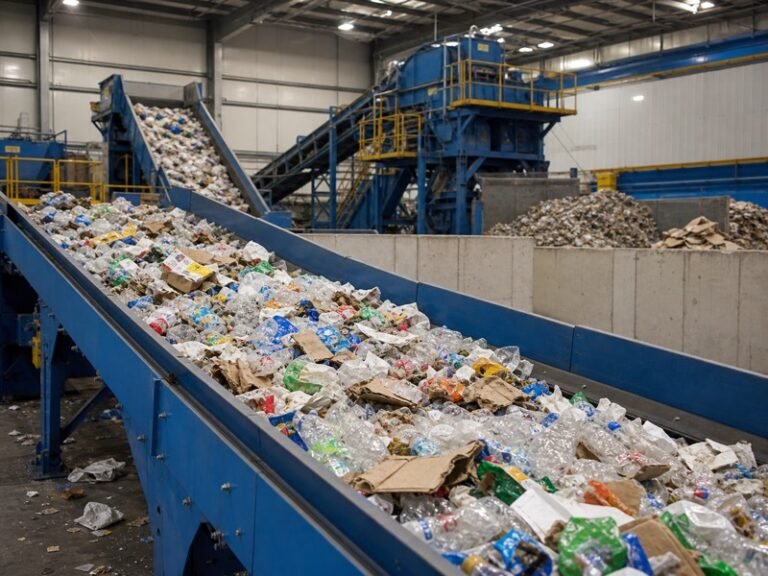 Waste recycling and shredding line with mixed materials on conveyors
