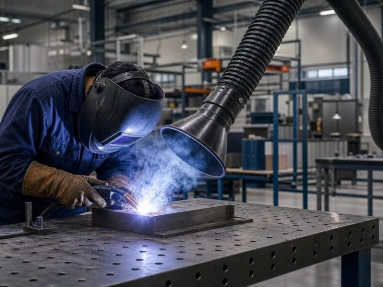 Welding fume extraction airflow calculation with suction arm near welding point