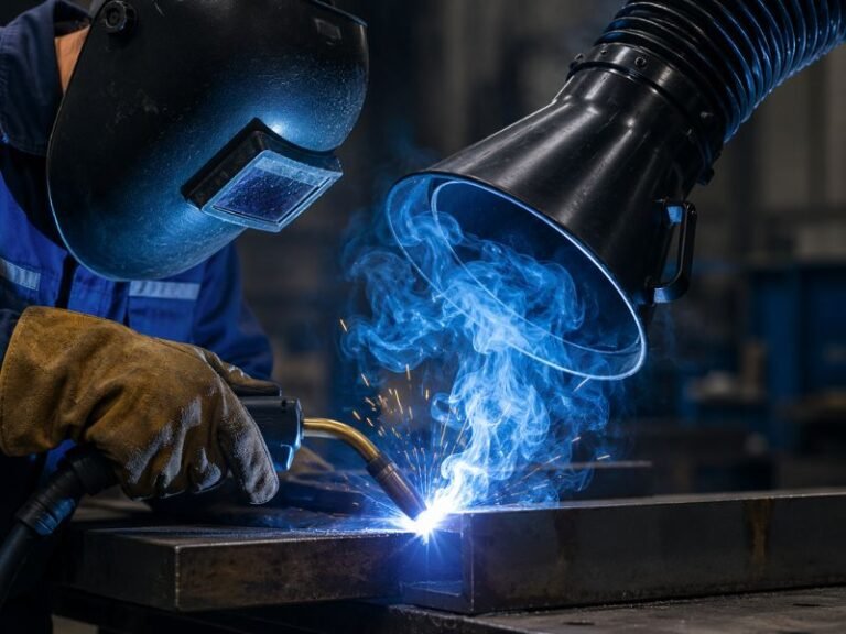 Close-up of welding fume extraction hood capturing smoke and sparks during metal welding