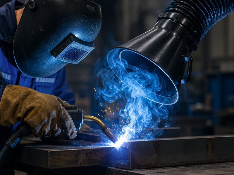 Close-up of welding fume extraction hood capturing smoke and sparks during metal welding