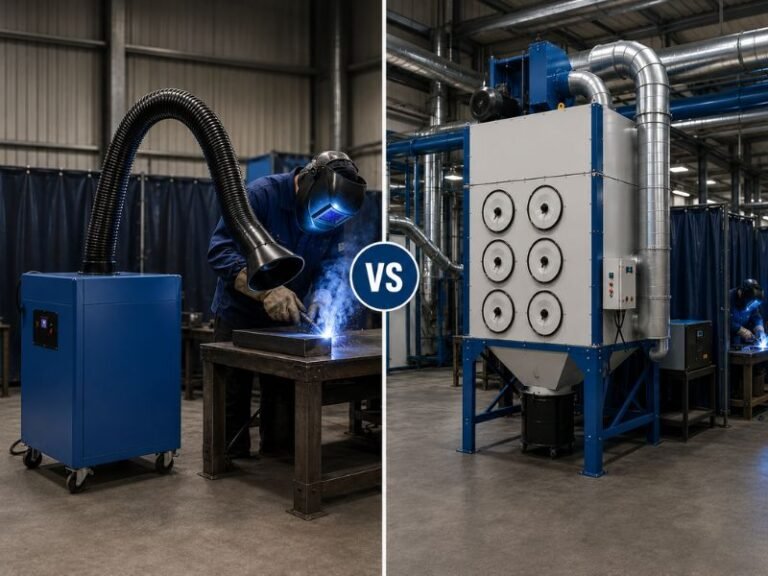 Portable welding fume extractor and central welding dust collector comparison in an industrial workshop