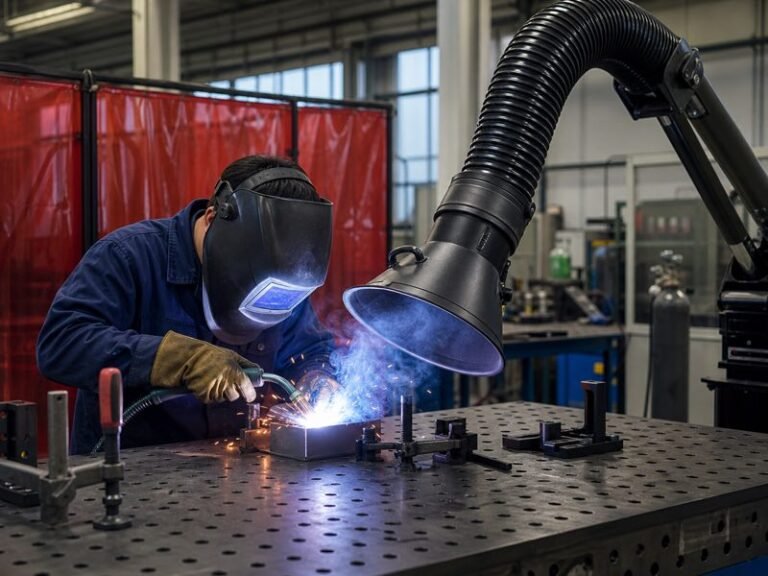Welding fume source capture design with extraction arm near welding point