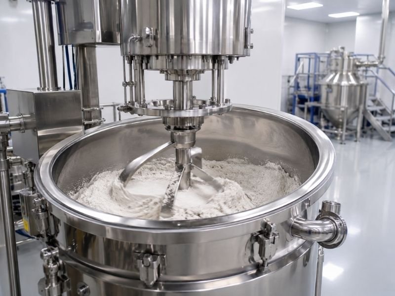 Industrial powder mixing and blending process in a stainless steel mixer
