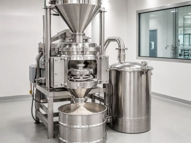 Industrial powder milling and grinding process with fine powder discharge