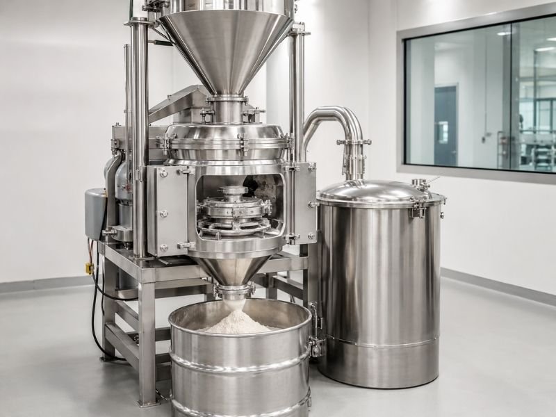 Industrial powder milling and grinding process with fine powder discharge
