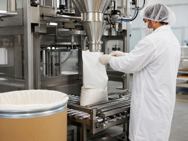 Industrial powder packaging process with bag filling equipment