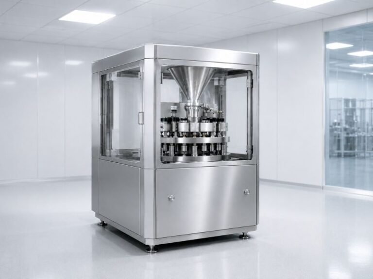 Tablet press machine in a pharmaceutical manufacturing cleanroom