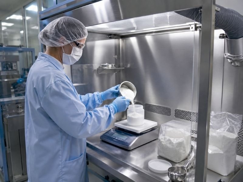Pharmaceutical powder weighing and dispensing station with local dust extraction