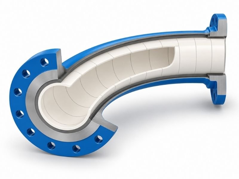 Cutaway view of a wear-resistant industrial pipe elbow with ceramic lining and blue flanges