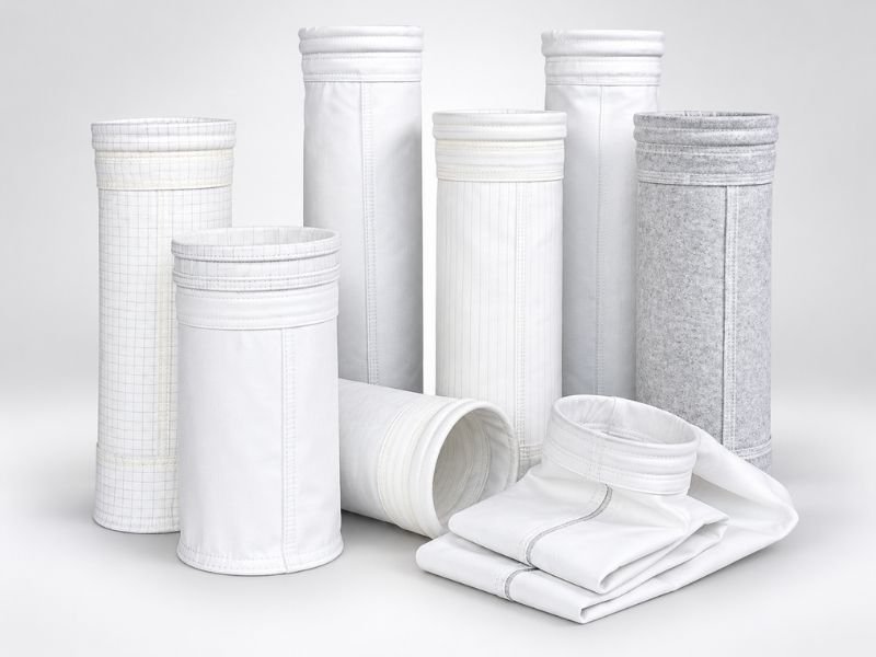 Industrial fabric dust collector filter bags with stitched cuffs and reinforced construction