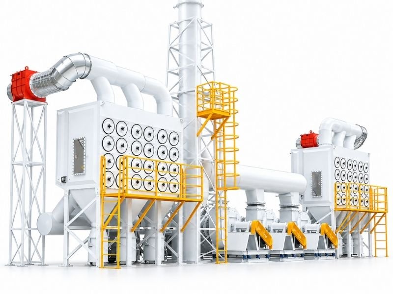 Central cartridge dust collection system with connected filter units, industrial ductwork and maintenance platforms