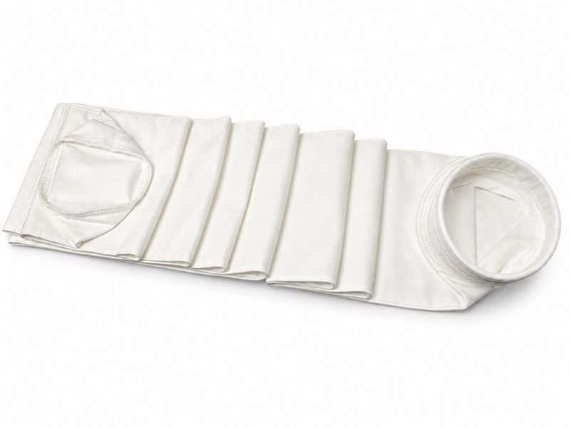 White industrial filter bags with reinforced sewn openings for dust collection