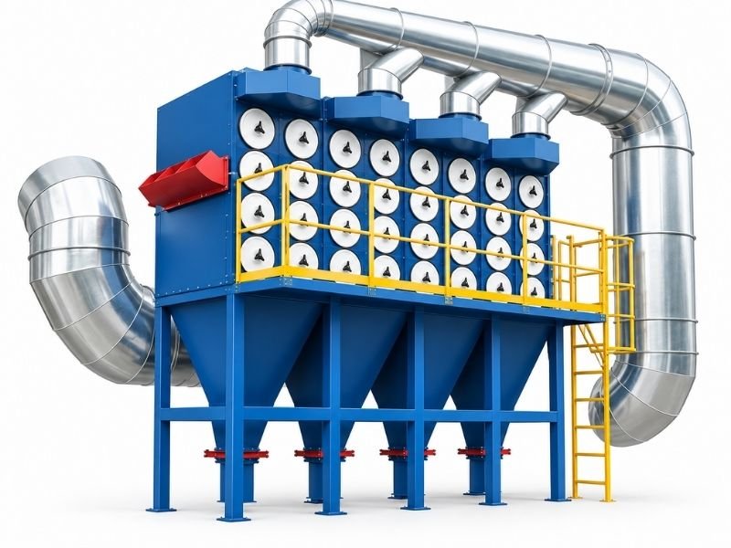 Blue continuous-duty cartridge dust collector with multiple filter compartments, hoppers and access platform