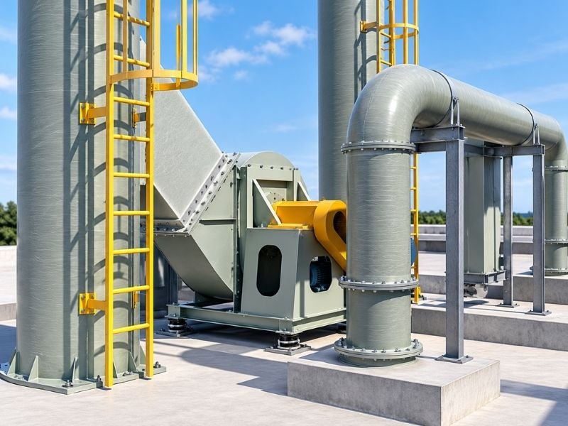Outdoor industrial centrifugal fan connected to large process ductwork