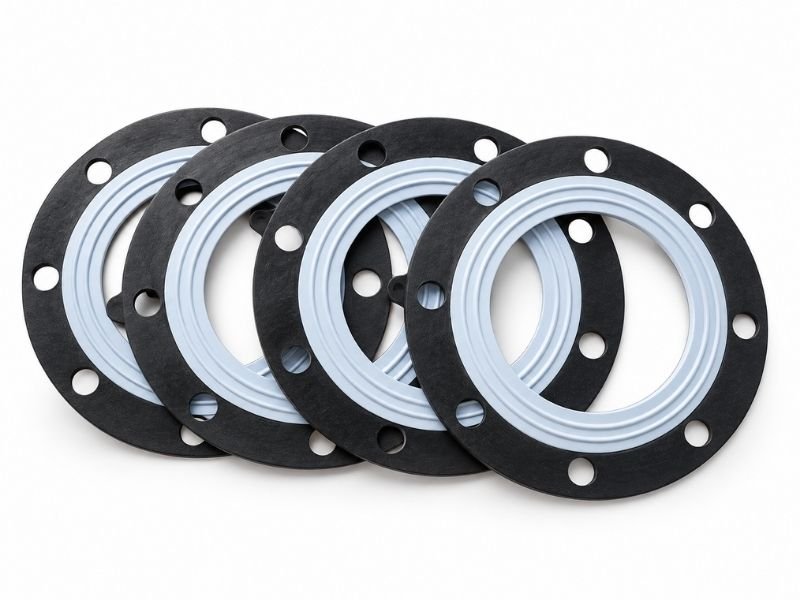 Industrial flange gaskets with black outer rings and light-colored sealing surfaces