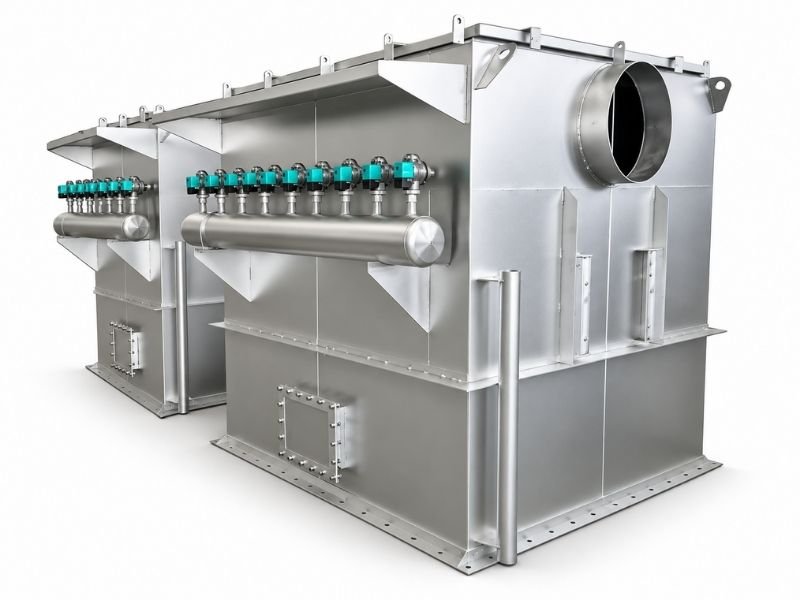 Stainless steel industrial baghouse housing with pulse-jet cleaning components