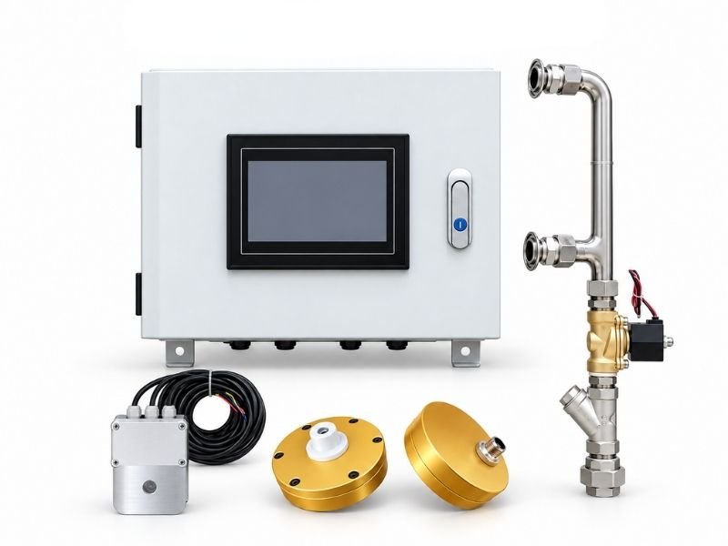 Industrial duct spark detection and alarm system with control panel, sensors, cables, and piping components