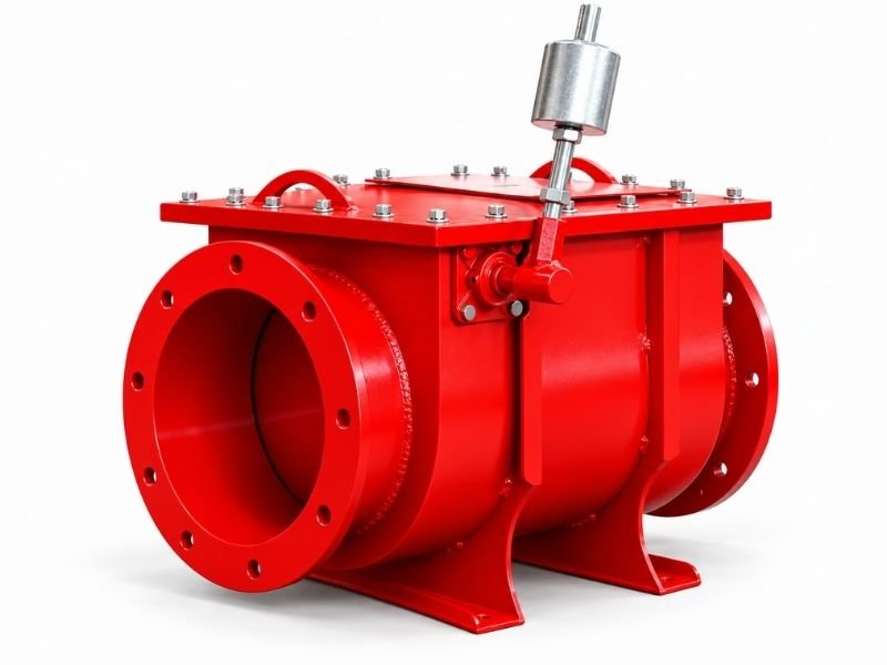 Red flanged explosion isolation valve for industrial dust collection systems