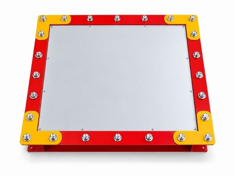 Industrial dust collector explosion vent panel with a bolted red and yellow frame