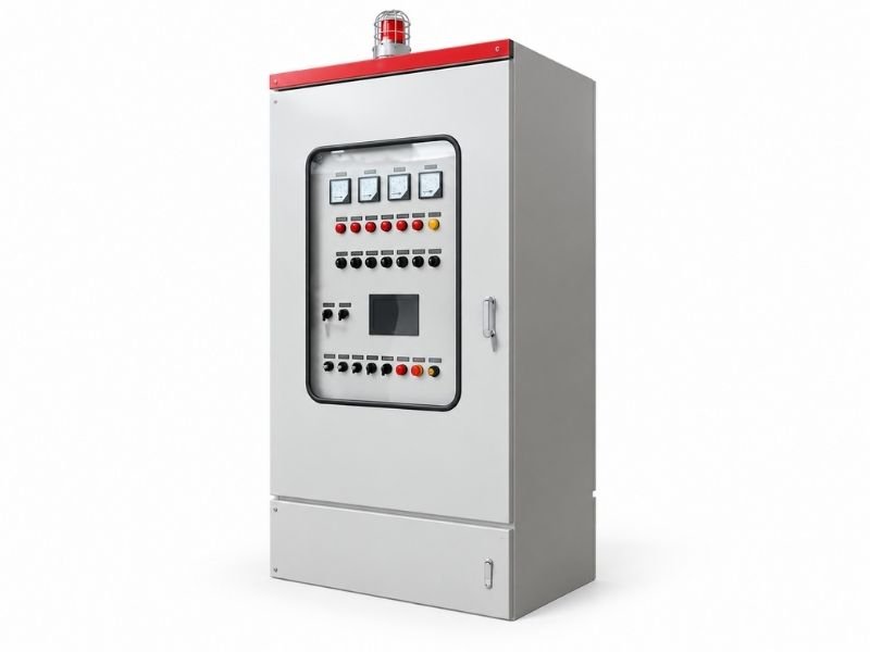 Explosion-proof electrical control cabinets with gauges, switches, and warning beacons for industrial applications