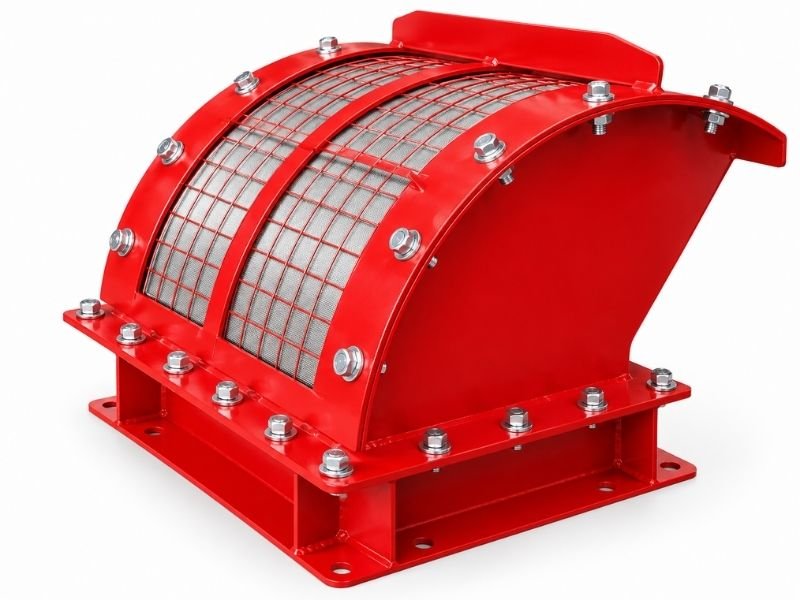 Flameless explosion venting device with a curved red housing and protective metal mesh