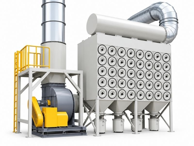 Horizontal cartridge dust collector with circular filter access covers, centrifugal fan and ductwork