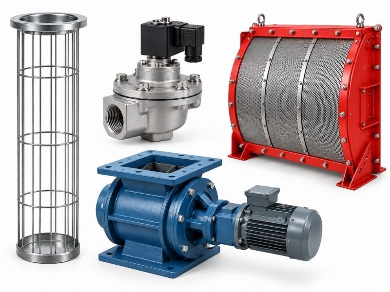 Industrial dust collector parts including filter bag cage, pulse jet solenoid valve, rotary airlock valve, and red flameless explosion vent