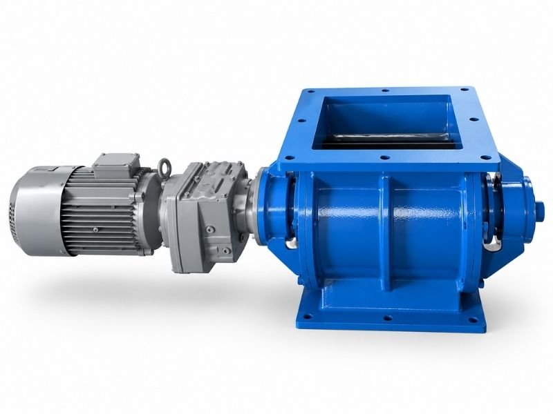 Blue industrial rotary airlock valve with motor and gearbox for dust discharge