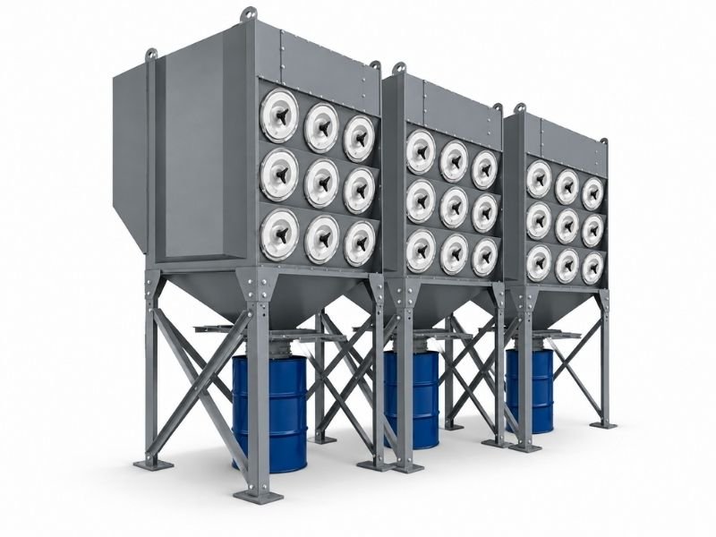 Modular gray cartridge dust collector with three filter modules and dark blue dust collection drums