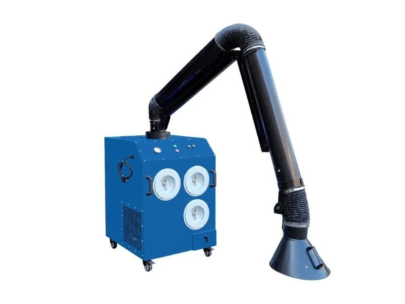 Blue portable welding fume extractor with articulated suction arm