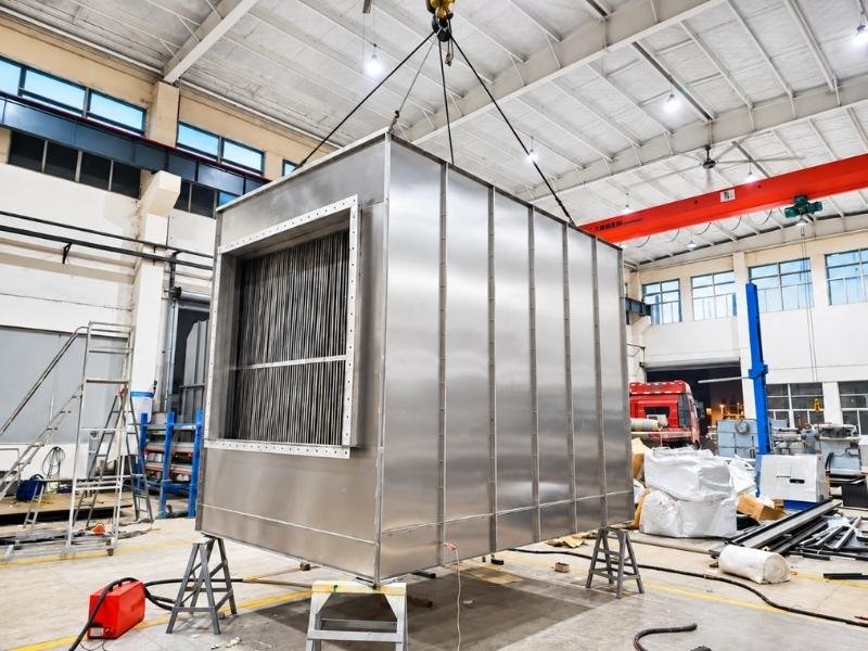 Stainless steel heat exchanger for a high-temperature dust collection system during workshop fabrication