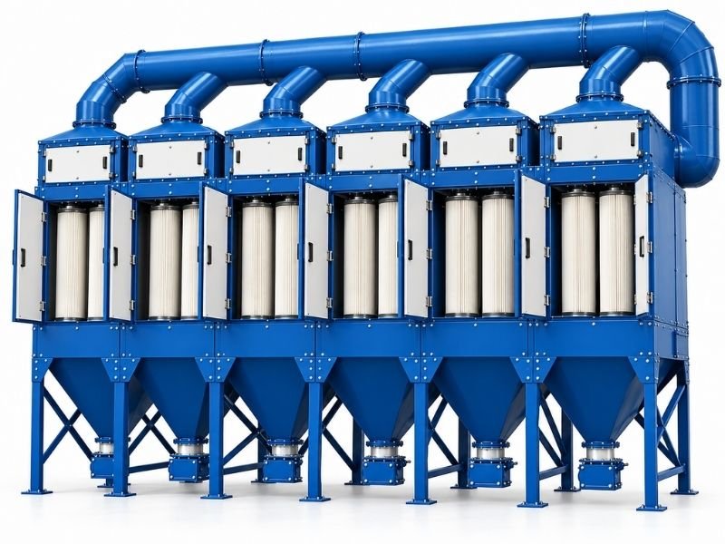 Blue industrial vertical cartridge dust collector with upright pleated filters visible behind open access doors