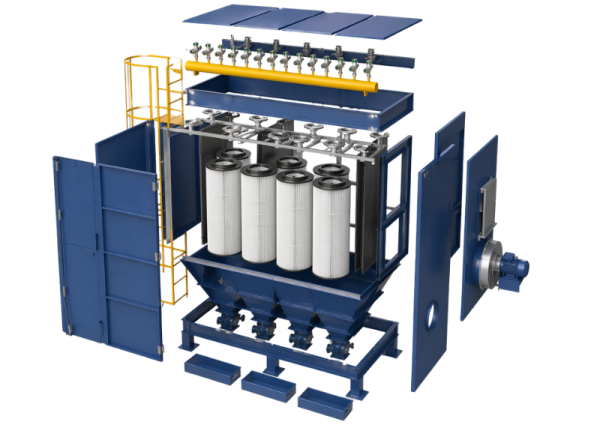 Industrial dust collector exploded view illustrating filter system, hopper, and internal components